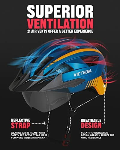 Bicycle helmet with superior ventilation and reflective strap.