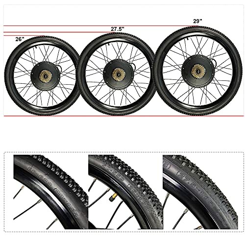 Comparison of bicycle wheels in sizes 26, 27.5, and 29 inches with close-up views of tire treads.