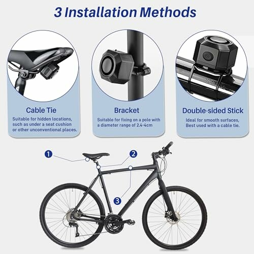 Three bike tracker installation methods: cable tie, bracket, double-sided stick.