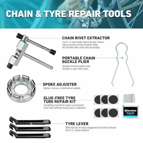 Bicycle chain and tire repair tools set, including chain rivet extractor, buckle plier, spoke adjuster, patch kit, and tire lever.