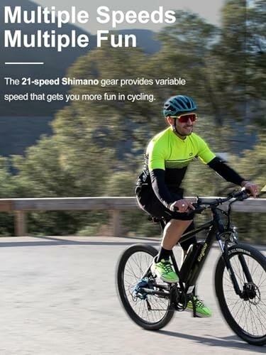 Cyclist on a mountain road with 21-speed Shimano gear, showcasing the bike's Shimano transmission.