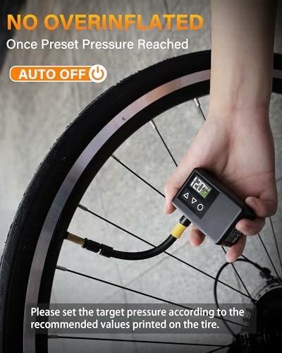 Hand holding digital tire pressure gauge with auto-off feature.