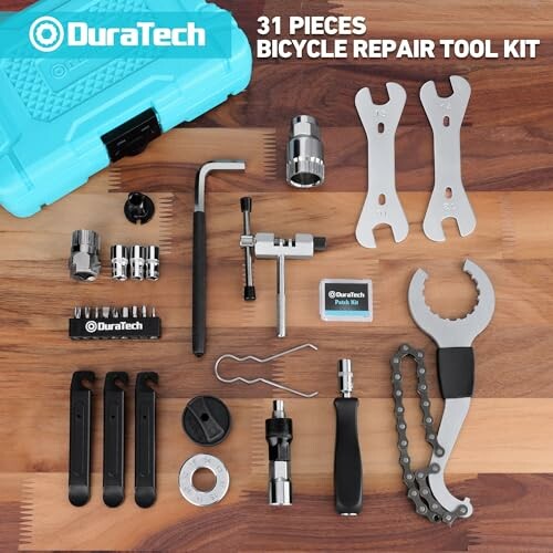 31-piece DuraTech bicycle repair tool kit on wooden surface