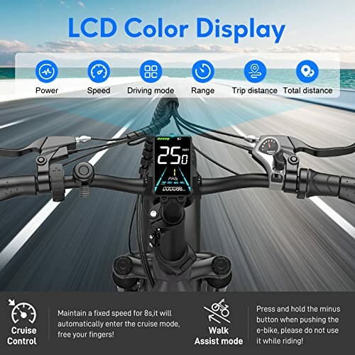 Electric bike handlebar with LCD color display and control buttons.