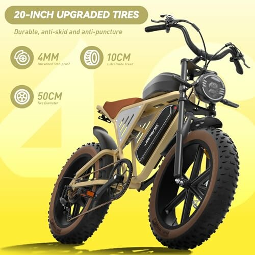 Electric bike with 20-inch upgraded tires, durable and anti-puncture features.