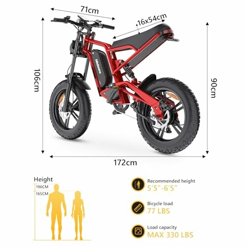 Red electric bike with dimensions and specifications displayed.