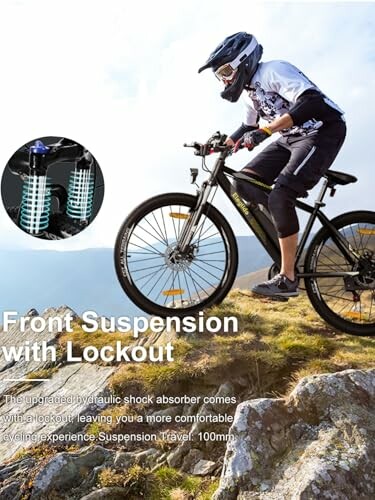 Person riding mountain bike with front suspension on rocky terrain, showcasing the bike's suspension system.