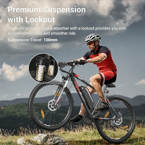 Cyclist on mountain bike with premium suspension and lockout feature.
