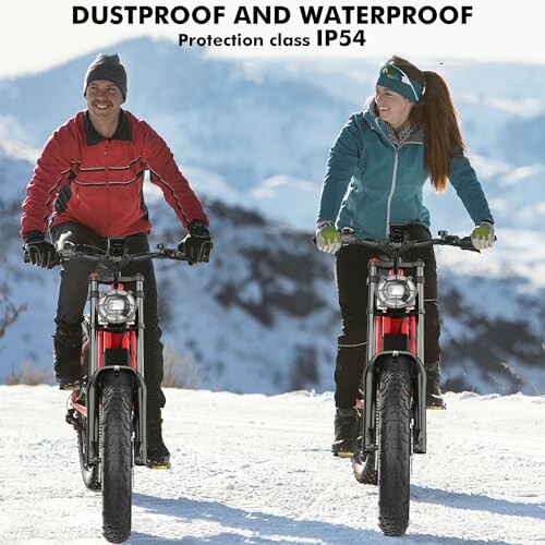 Two people biking on snow-covered terrain with waterproof and dustproof gear.
