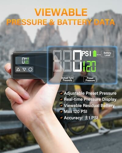 Hand holding tire pressure gauge with digital display showing pressure and battery data.