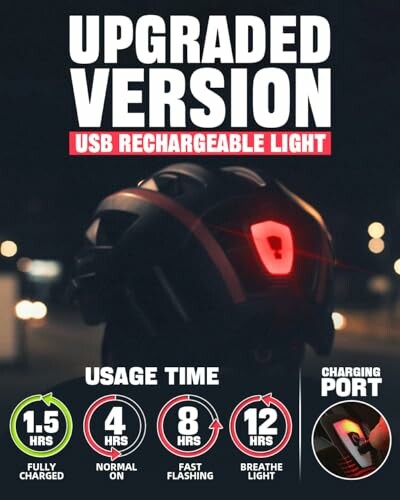 Upgraded version USB rechargeable light with usage time and charging port details.