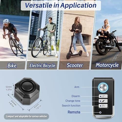 Versatile vehicle alarm for bike, electric bicycle, scooter, and motorcycle.